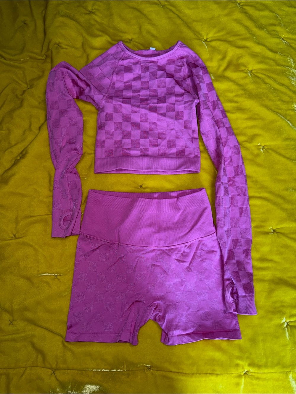 Women's Pink Seamless Long Sleeve Crop Top and High-Waist Shorts Workout Set